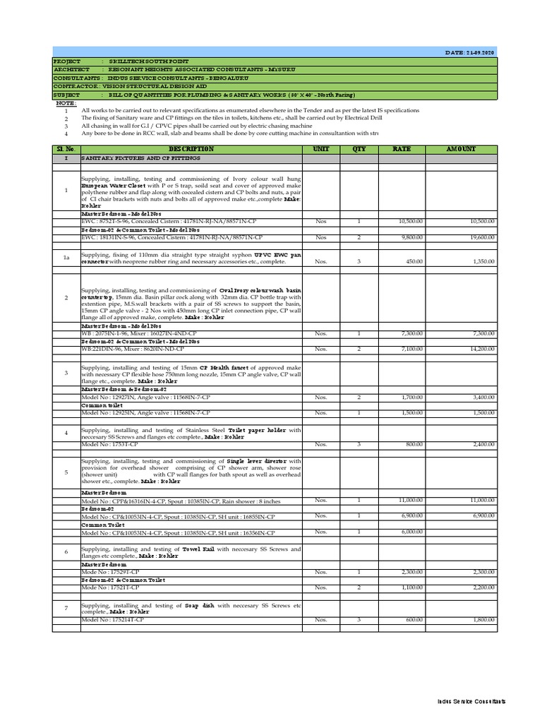 Plumbing Bill of Quantities for SKILLTECH | PDF | Pipe (Fluid ...