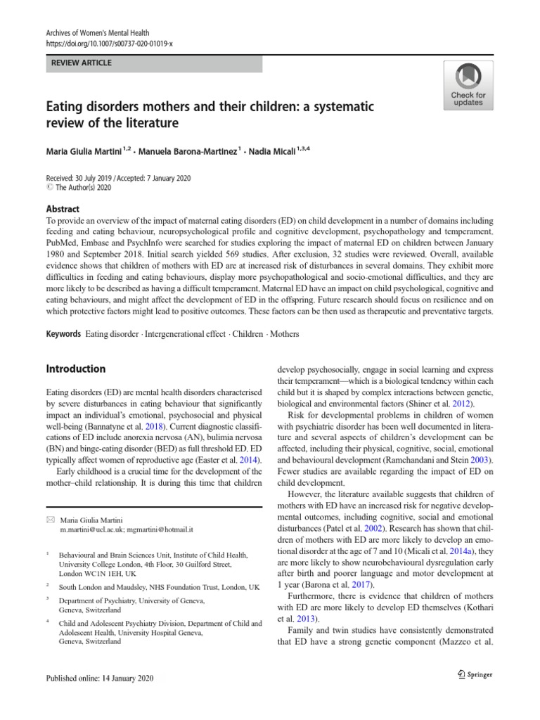 Eating Disorders Mothers and Their Children: A Systematic Review of The ...