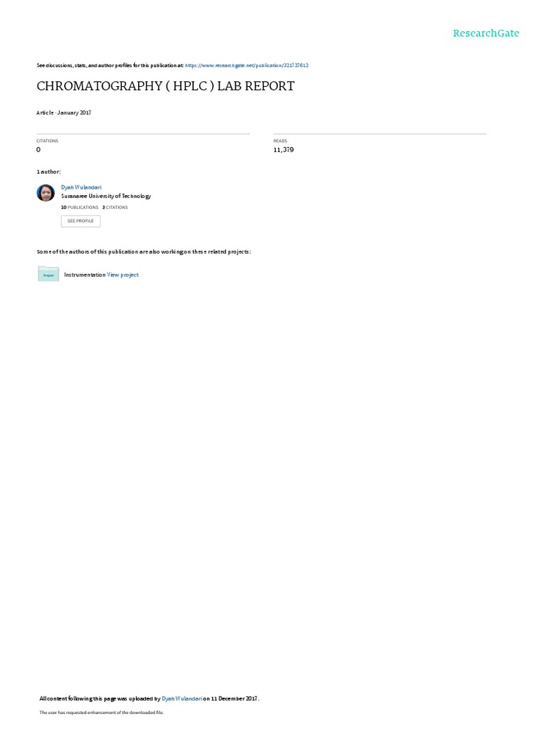 Chromatography Hplc Lab Report January 2017 Pdf High Performance