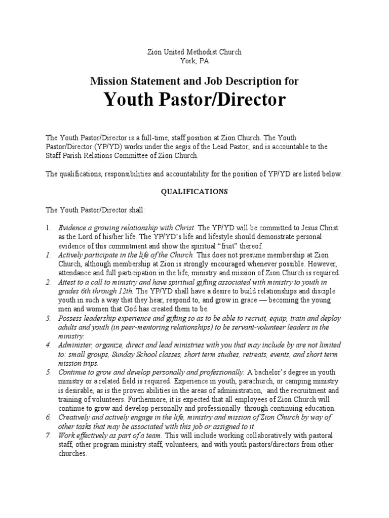 Youth Pastor Job Description - Zion UMC | PDF | Protestant Youth ...