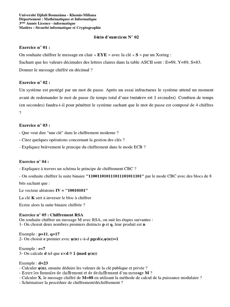 Exercices de Sécurité Informatique et Cryptographie | PDF