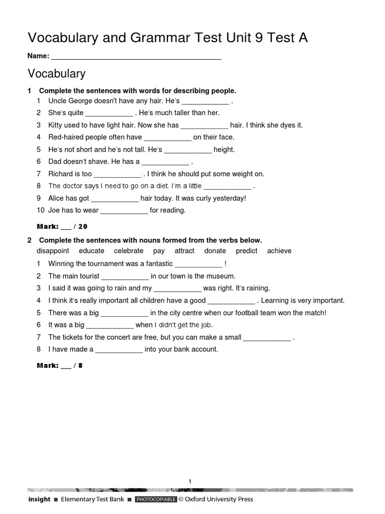 Unit 9 Vocabulary and Grammar Test | PDF | Phrase | Linguistics