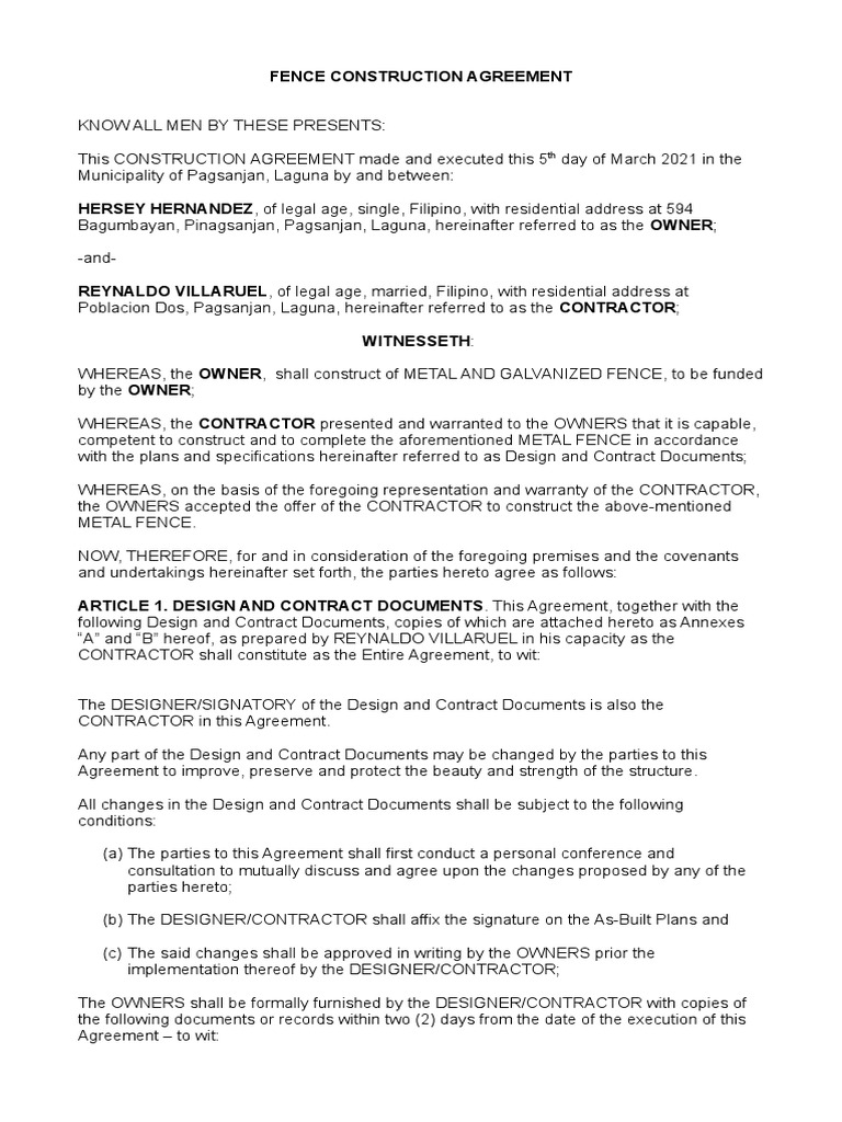 Fence Construction Agreement Template | PDF | Employment | United ...