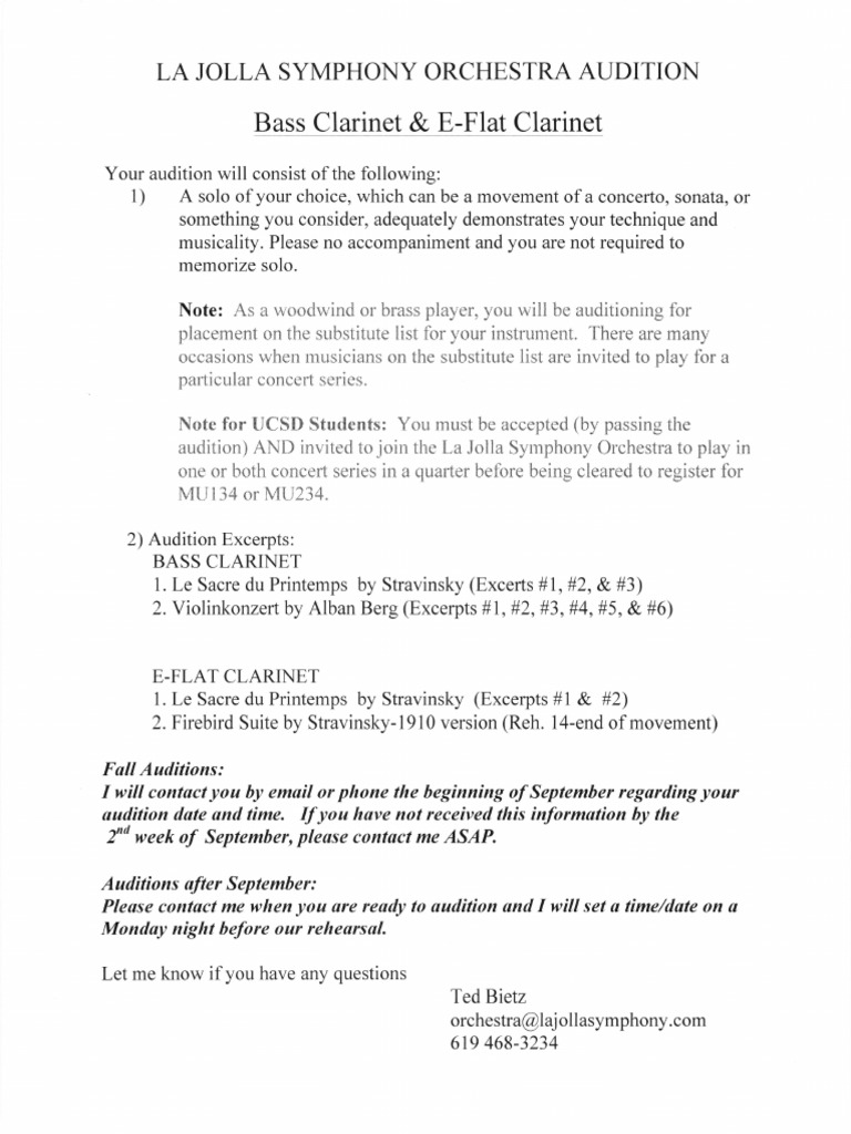 Audition Information and Excerpts for Bass and EFlat