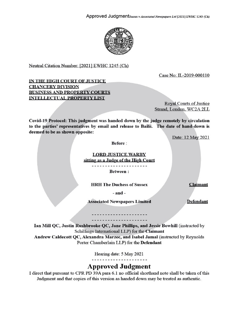 Duchess of Sussex V Associated (2021) EWHC 1245 (CH) 3 | PDF | Costs In ...