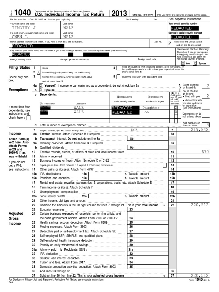 Gov. Walz 2013 Tax Returns - Redacted | PDF | Irs Tax Forms | Public ...
