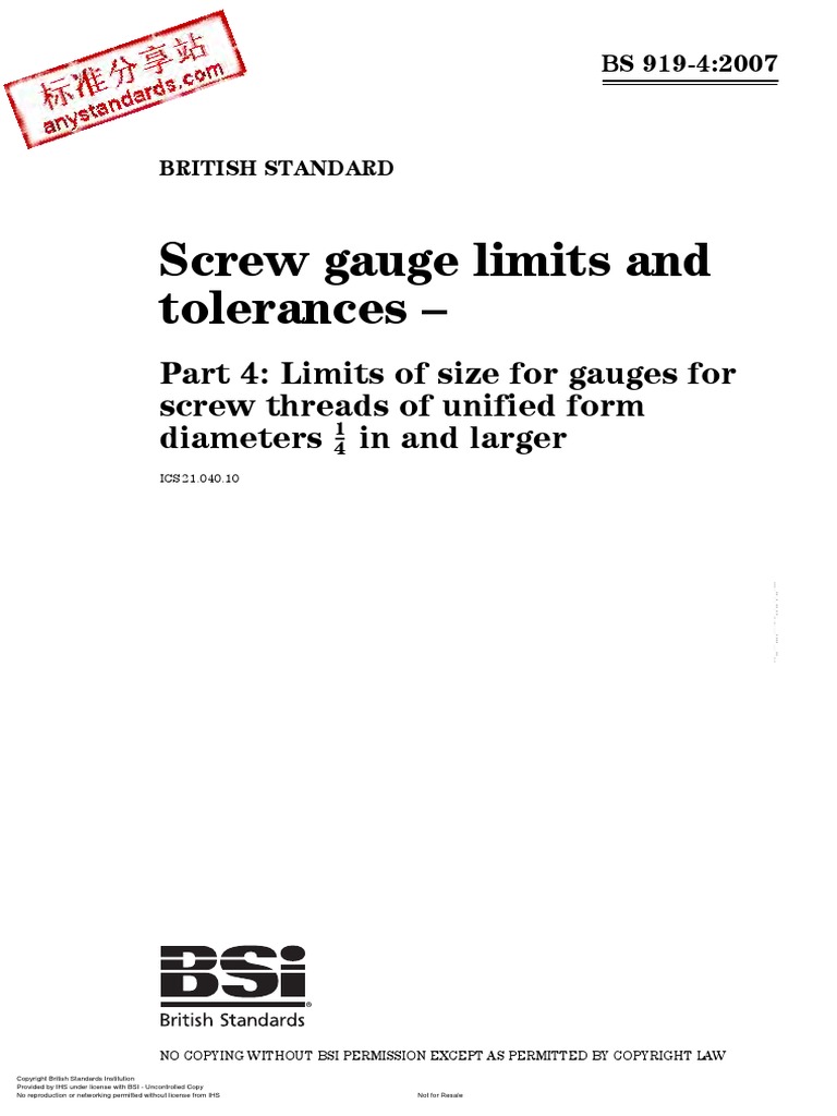 BS 91942007 Screw Gauge Limits and Tolerances PDF Metalworking Tools