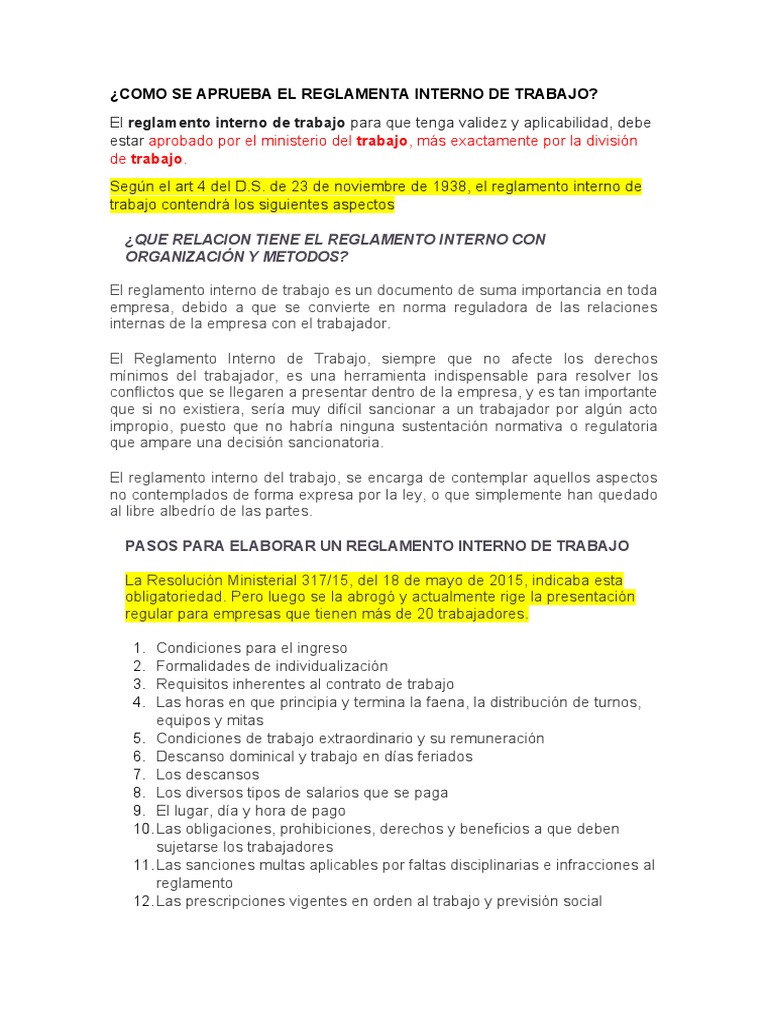 Aprobación del Reglamento Interno de Trabajo | PDF | Regulación | Salario