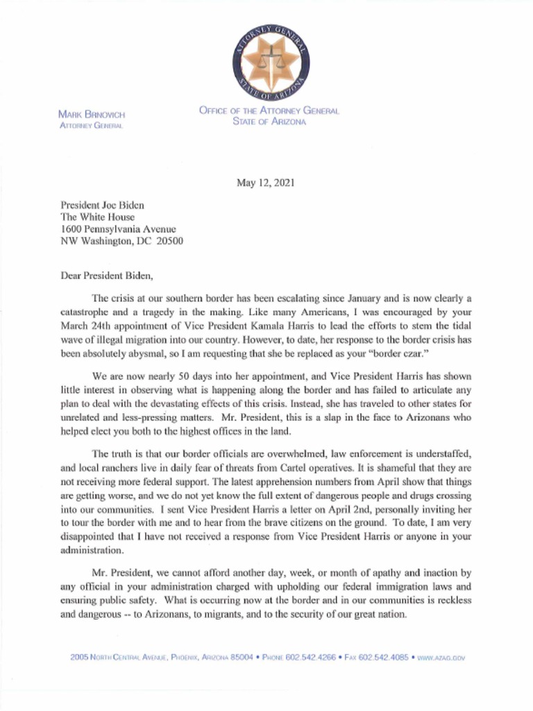 AG Brnovich Letter To President Biden 5-12 | PDF