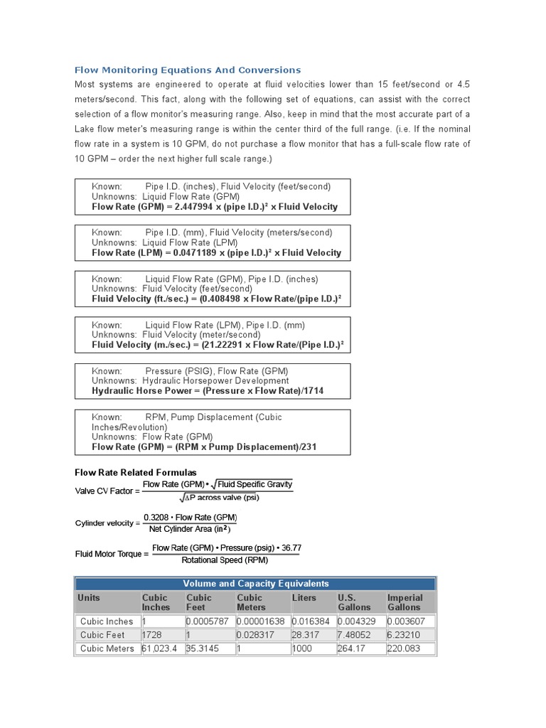 Flow Monitoring Equations & Conversions | PDF | Flow Measurement ...