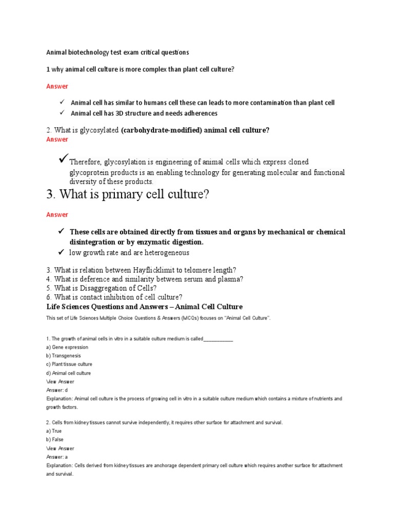 Animal Biotechnology Test Exam Critical Questions PDF Cell Culture
