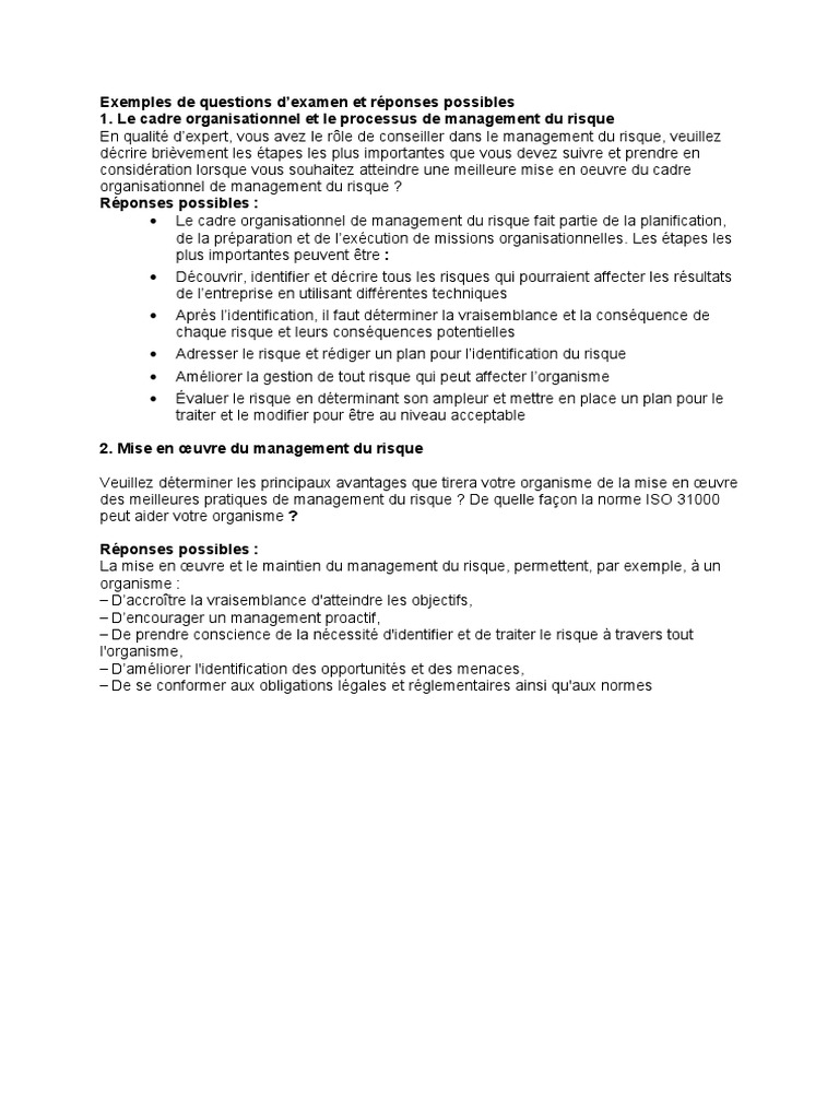 Questions d'examen sur la gestion des risques | PDF | Gestion des ...