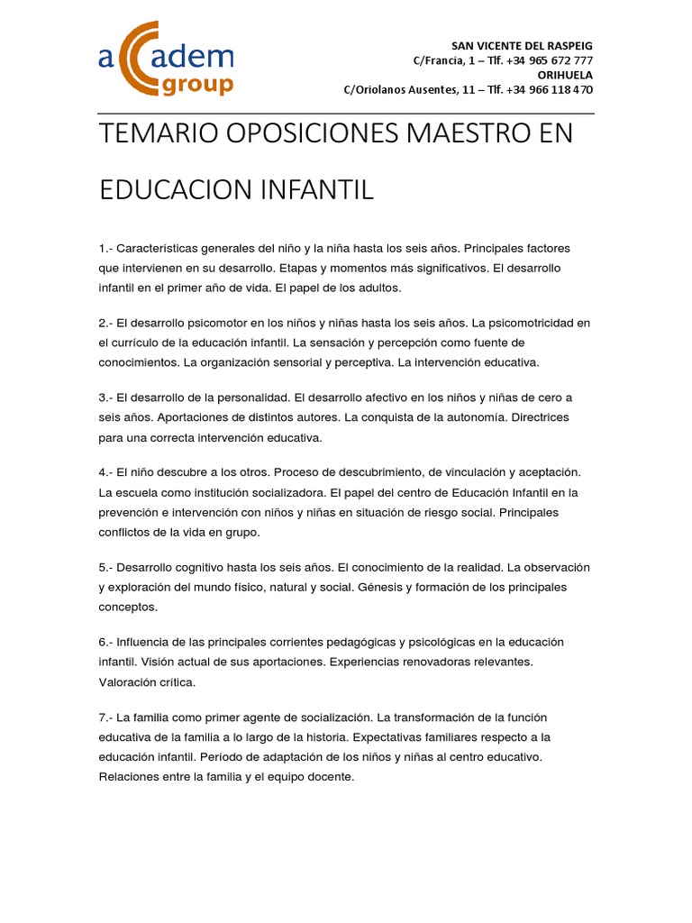 Temario Oposiciones Maestro Infantil | PDF | Educación de la primera ...