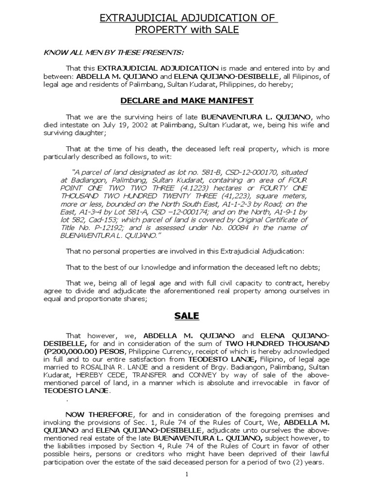 Extrajudicial Adjudication of Property With Sale Declare and Make