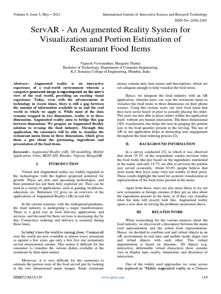ServAR: AR for Restaurant Menu Visualization | PDF | Augmented Reality ...