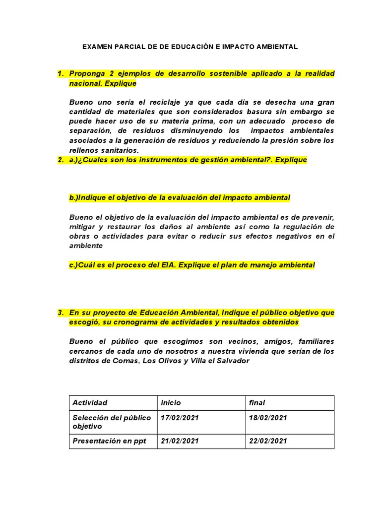 Examen Parcial de de Educación e Impacto Ambiental | PDF