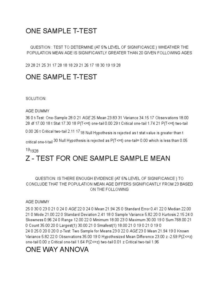 One-sample t-test, ANOVA, Chi-square tests | PDF | Student's T Test ...