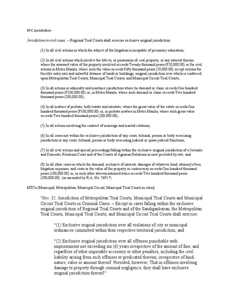 RTC MTC Jurisdiction PDF Separation Of Powers Policy