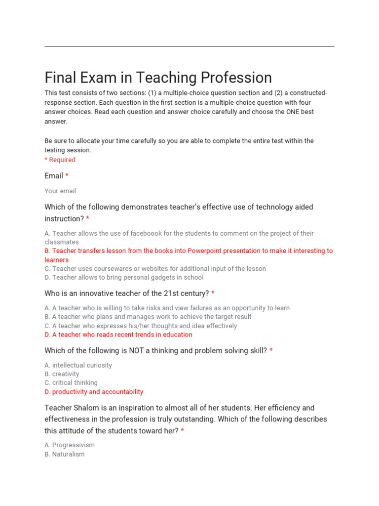 Teaching Profession Final Exam Guide | PDF | Teachers | Existentialism