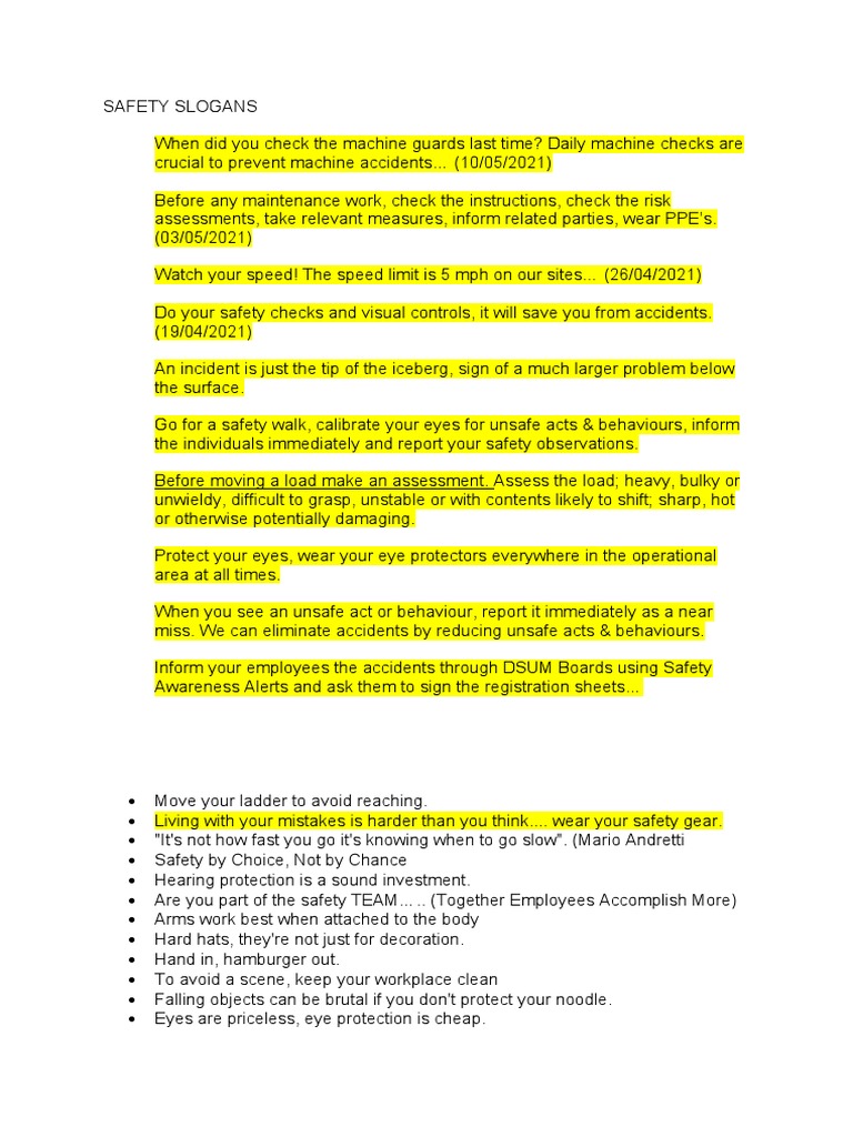 Effective Safety Slogans for Workplace | PDF | Personal Protective ...