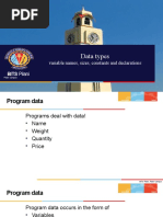 Data Types: Variable Names, Sizes, Constants and Declarations