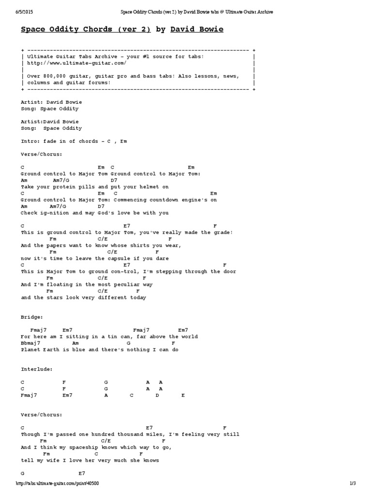 Space Oddity Lyrics And Chords Pdf | Major Tom David Bowie Chords – EVRKP