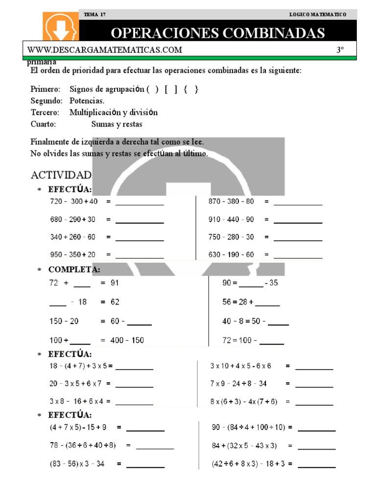 17 Operaciones Combinadas Tercero de Primaria | PDF