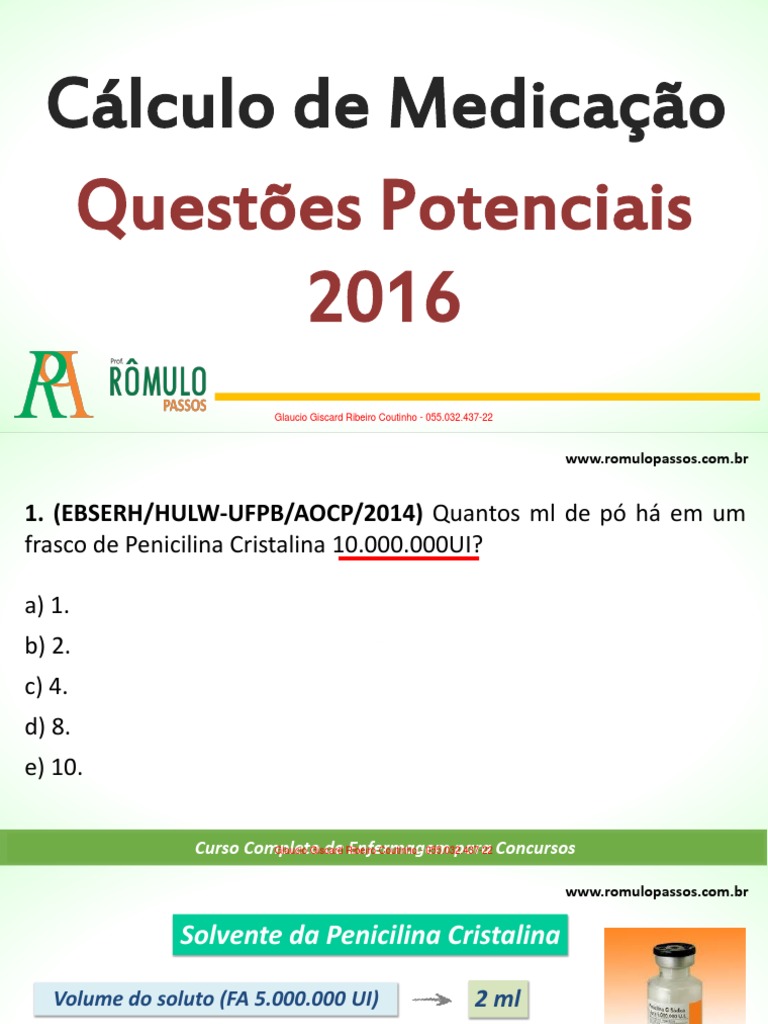 Cálculo de Penicilina Cristalina | PDF | Solução | Química Física