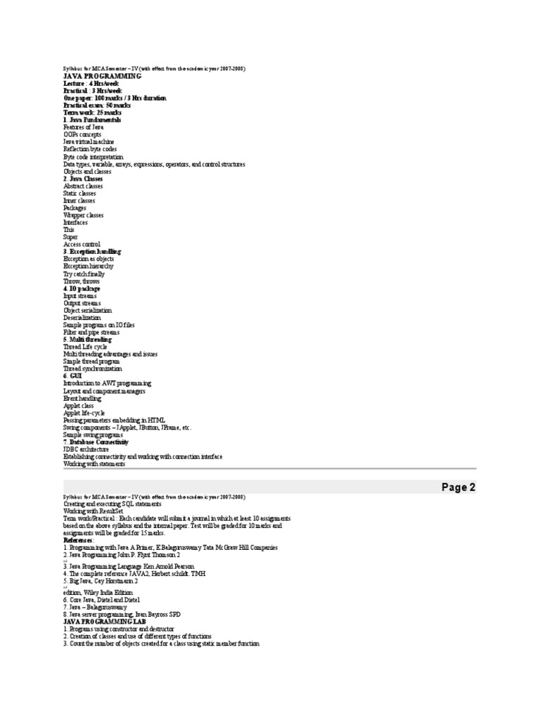 Java Programming: Syllabus For MCA Semester - IV (With Effect From The ...