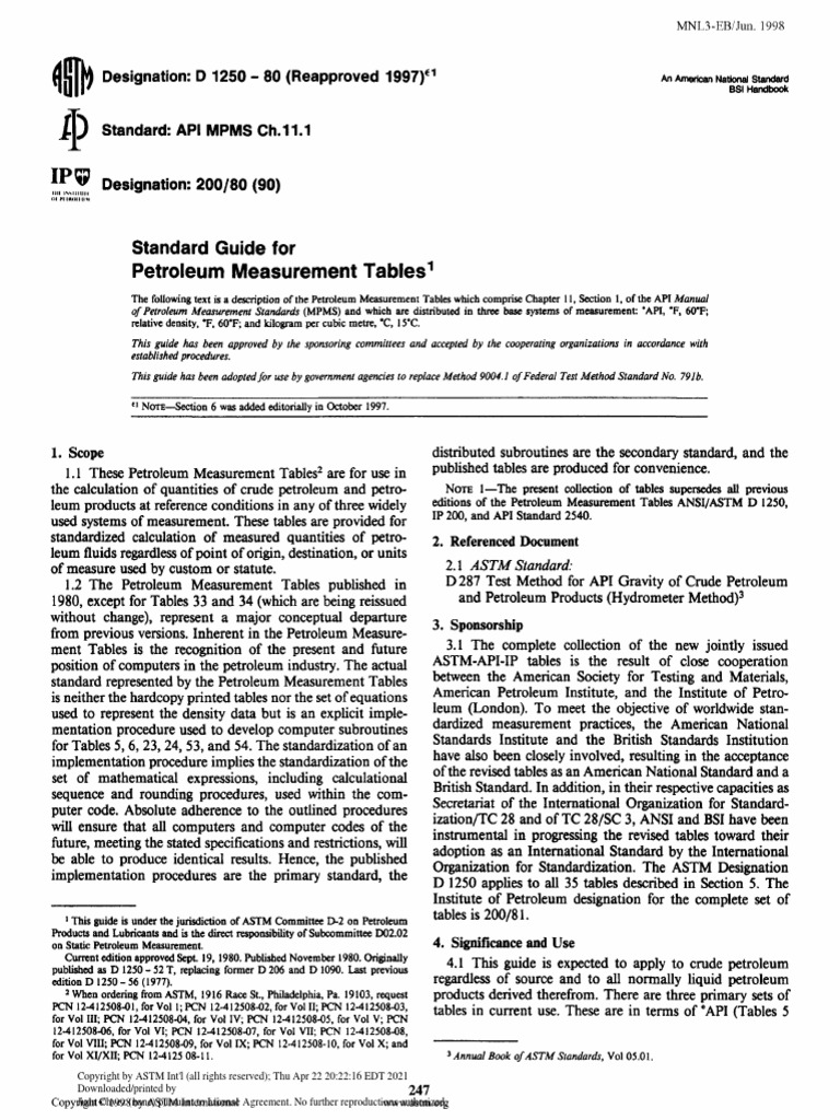 Standard Guide For Petroleum Measurement Tables 1: Designation: D 1250 ...