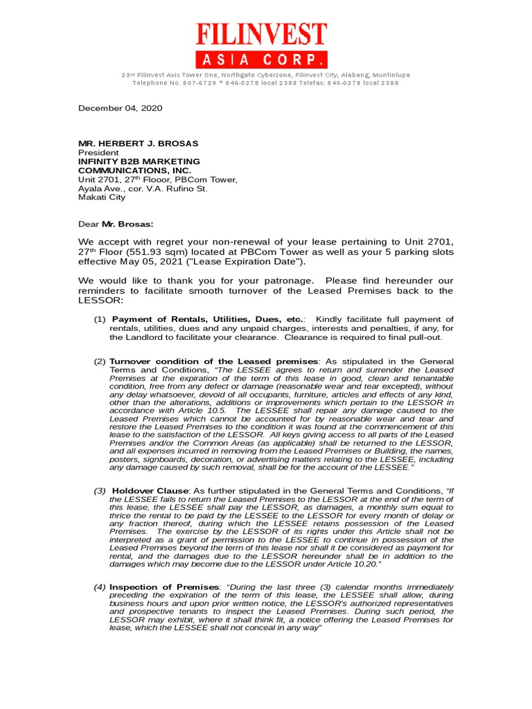 Notice of Lease NonRenewal and Requirements for Leased Premises