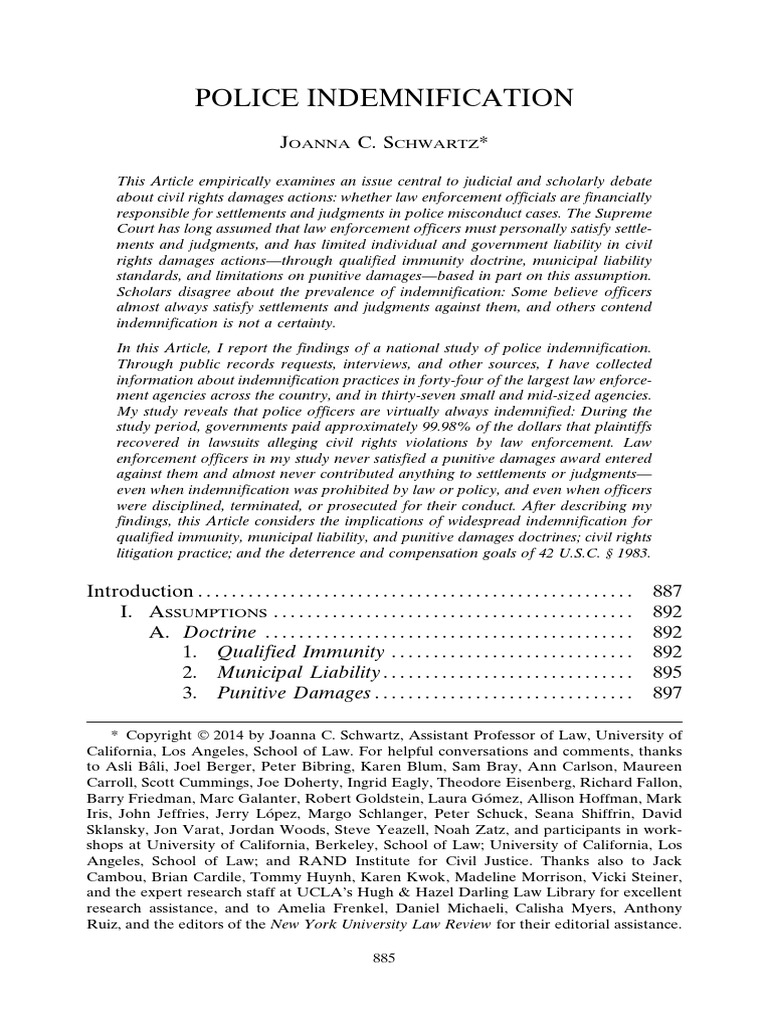 Police Indemnification 2014 Study Schwartz PDF Qualified