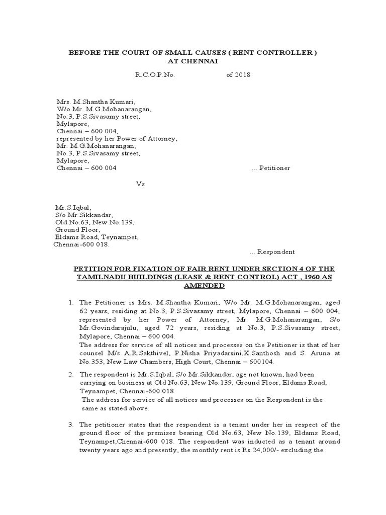 Petition for Fair Rent Fixation in Chennai | PDF | Lease | Law And ...