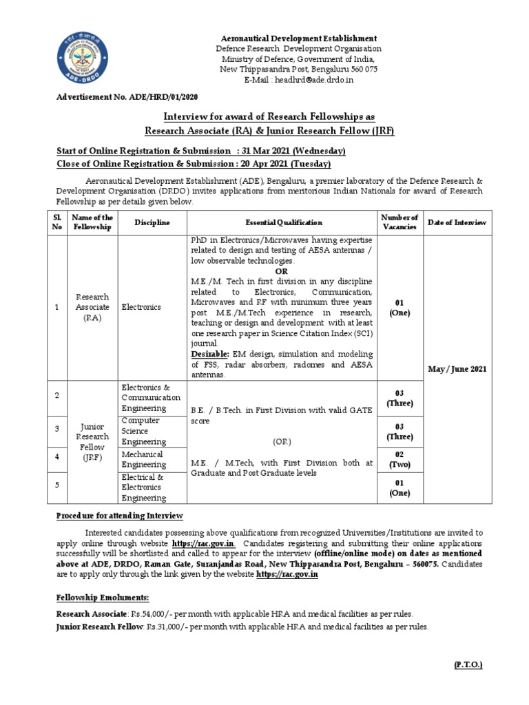 Drdo Ade Bengaluru Advertisement For Research Fellowships In