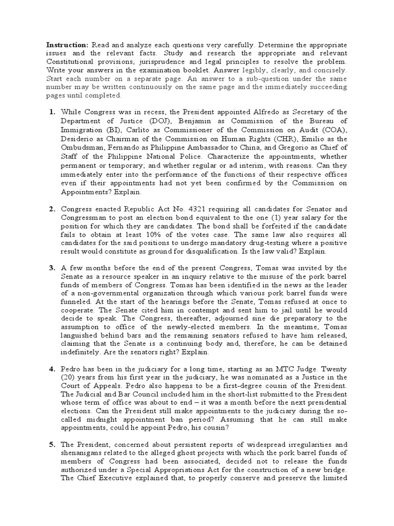 Constitutional Law 2 Practice Bar Exam PDF Presidents Of The United