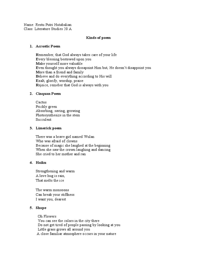 Kinds of Poem Assignment | PDF | Poetry | General Fiction