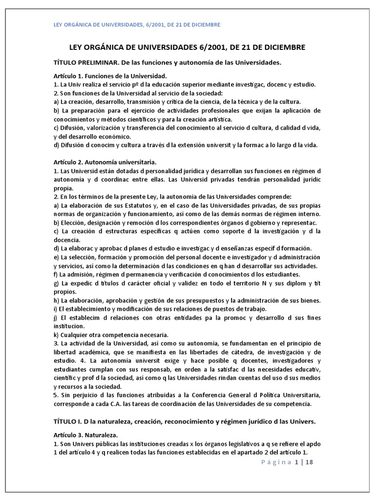 Ley Orgánica de Universidades de 2001 estableciendo el marco legal de las universidades
