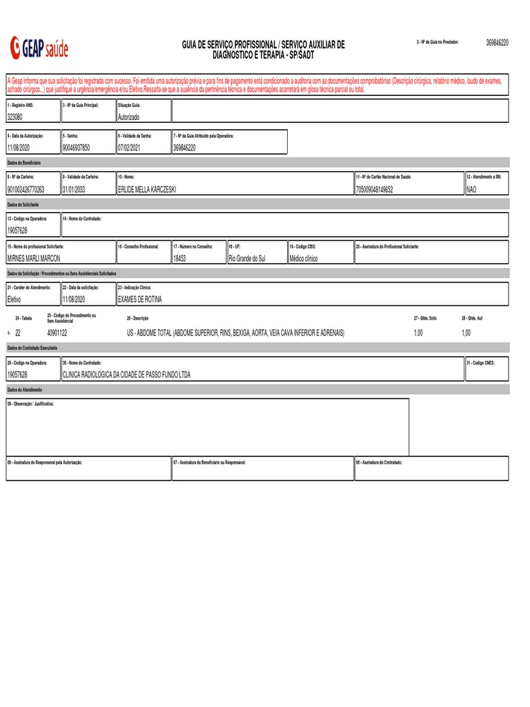 Autorização de Exame para Erlide Karczeski | PDF | Sistema de saúde ...