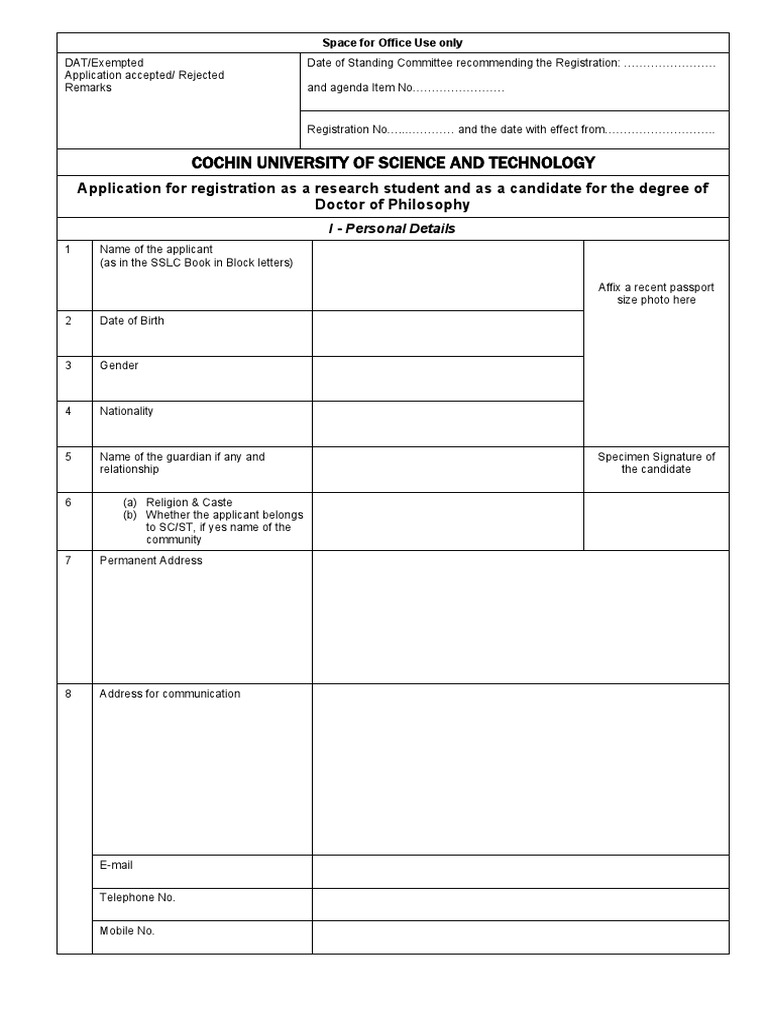 CUSAT PhD Registration Application Form | PDF | Doctor Of Philosophy ...