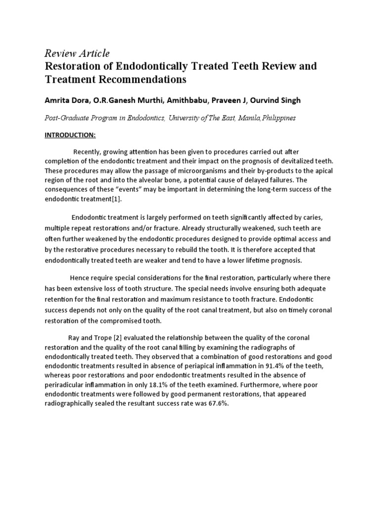Final Restoration of Endodontically Treated Teeth | PDF | Human Tooth ...