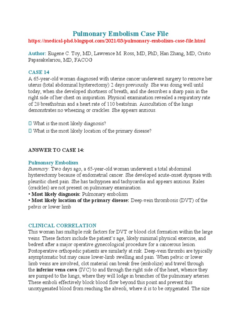 Pulmonary Embolism Case Study Analysis | PDF | Embolism | Lung