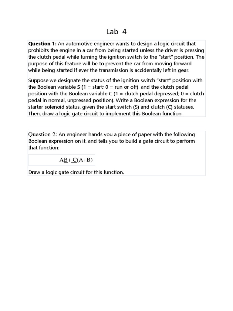 Question 1: An Automotive Engineer Wants To Design A Logic Circuit That ...