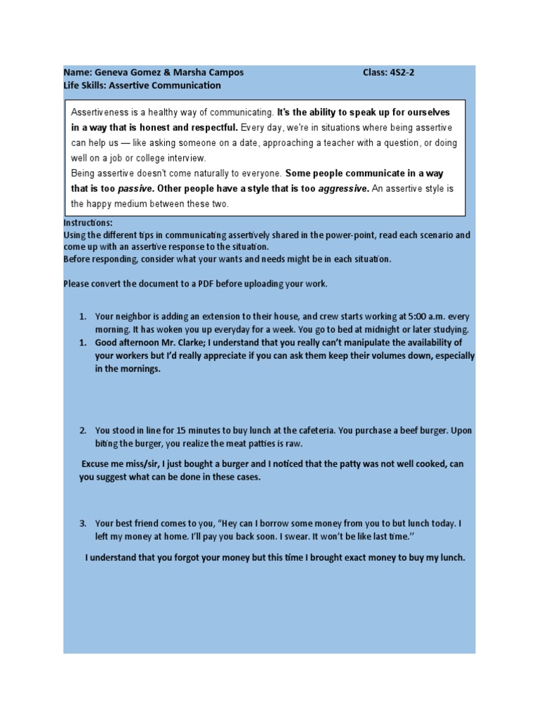 Assertive Communication Scenarios Guide | PDF | Self-Improvement | Wellness