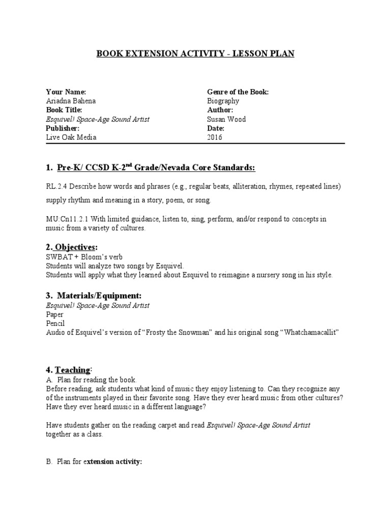 Book Extension Activity Lesson Plan PDF Entertainment (General) Jazz Music