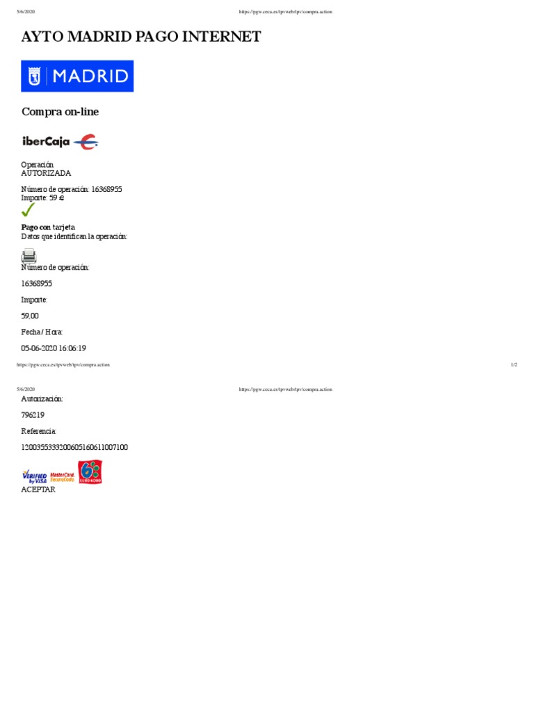 Confirmación de Pago Online Madrid | PDF