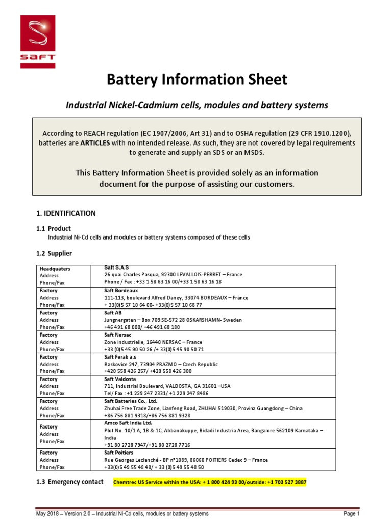 Battery Information Sheet Industrial NickelCadmium Cells, Modules and