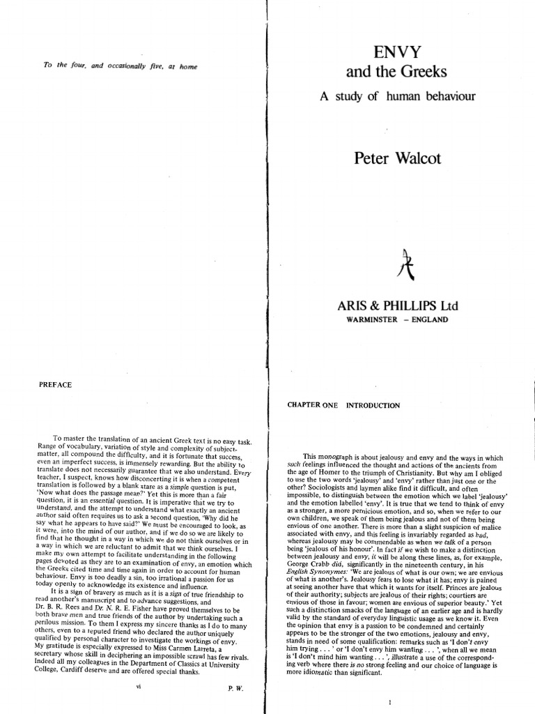Envy in Ancient Greek Thought | PDF | Jealousy | Hera