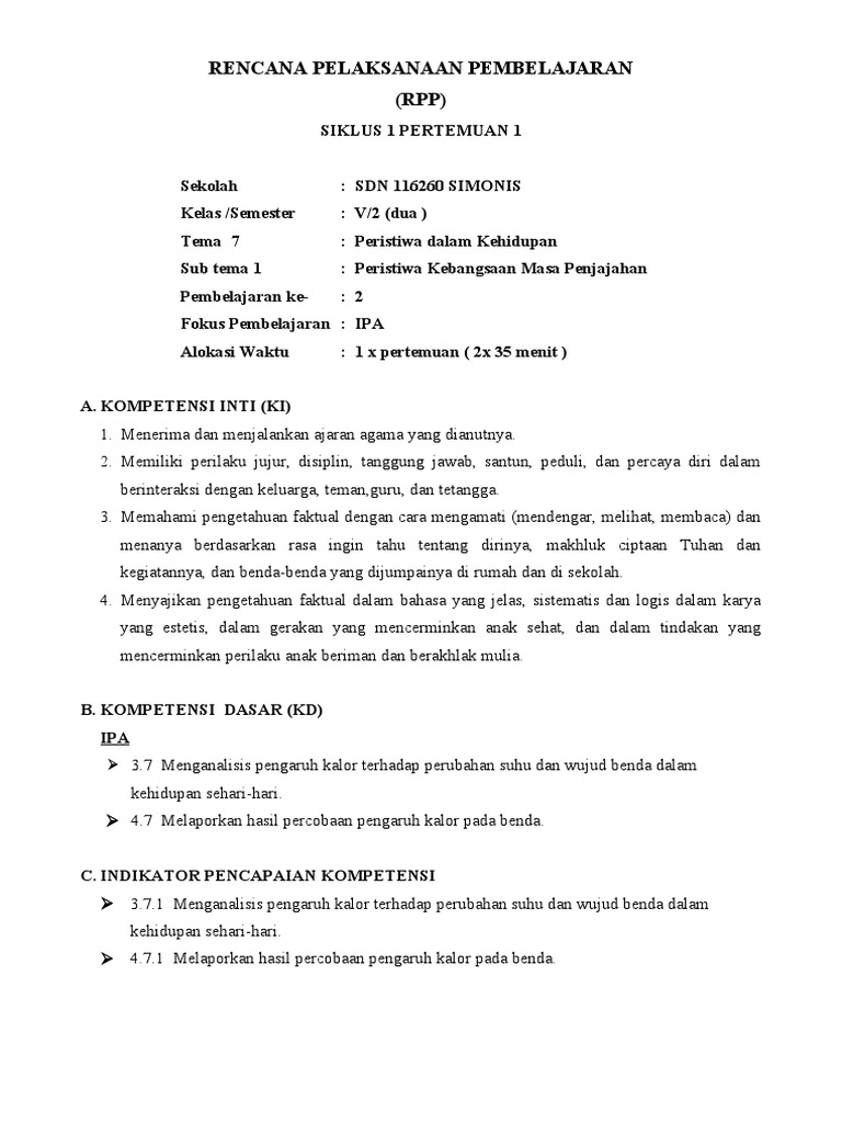 RPP Siklus 1 Kelas V Tema 7 | PDF | Karier & Perkembangan | Sains ...