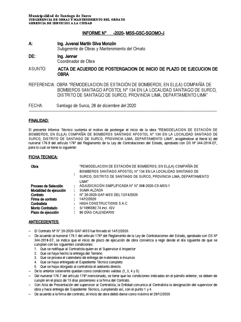 Acta de Postergacion Inicio Obra - Bomberos | PDF | Santiago