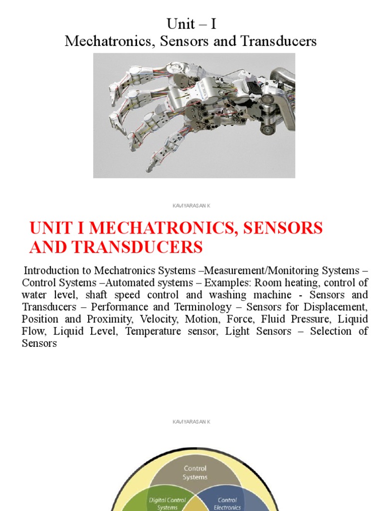 Unit I Mechatronics, Sensors and Transducers Kaviyarasan K PDF
